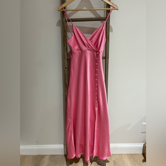 Zara Dresses & Skirts - Zara Spaghetti Strap Pink Satin Slip Maxi Dress Side Slit Buttons Women’s S NWT